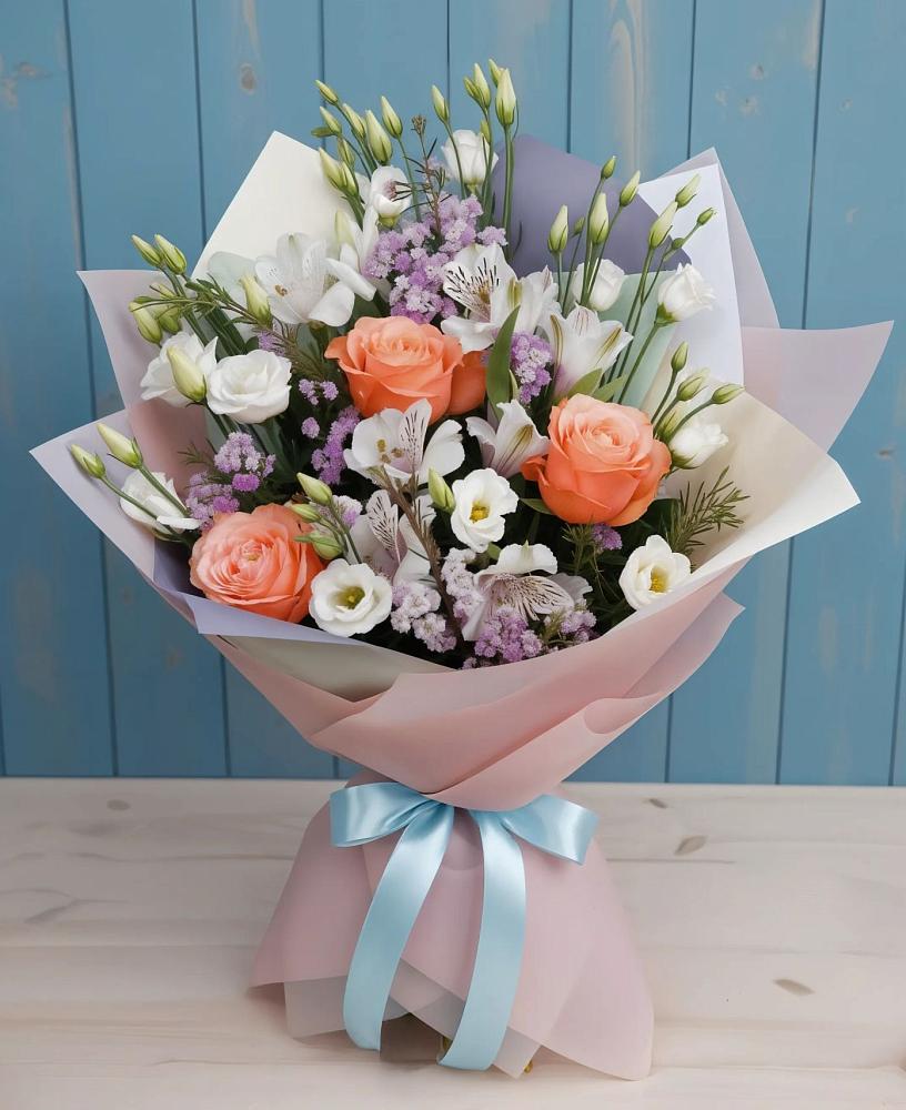 Букет цветов из: Лизиантусы, Розы, Альстромерии и Гипсофила в Етеревской